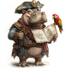 Hippo dressed as a pirate with a treasure map and parrot