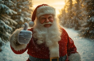 Santa Claus in red suit giving thumbs up in snowy forest