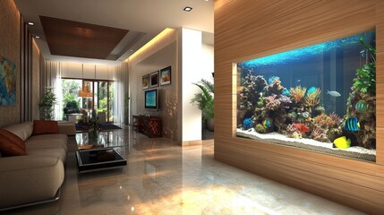 Modern luxury interior with a fish tank partition, featuring colorful fish swimming calmly, bringing life to the space.