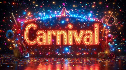 Poster - Bright bold Carnival text surrounded by vivid confetti ribbons and musical instruments all on a gradient background to bring a vibrant and lively feel to a carnival poster