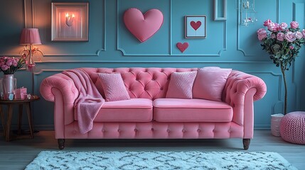 Poster - Stylish Valentines Day interior a plush pink sofa and matching decorations Soft lighting and heartshaped accents set a romantic mood for the celebration