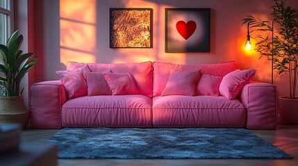 Fototapete - Romantic Valentines Day room a pink sofa and tasteful decor Soft lighting heart motifs and cozy accessories set the scene for a lovefilled celebration