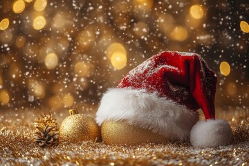 Red hat with white fur santa hat on gold surface with copy space