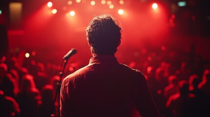 A man stands on stage in front of a crowd of people