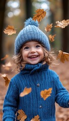 Sticker -  happy child in a blue sweater and hat is smiling while playing with autumn leaves, wearing warm for the fall weather. The forest background has falling brown leaves. 