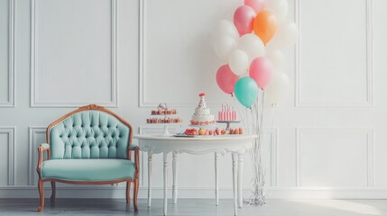 Aufkleber - Elegant white backdrop with a beautifully arranged birthday table, complete with charming furniture and vibrant birthday balloons, evoking a festive mood