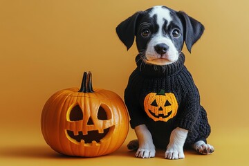 Canvas Print - Dalmatian puppy wearing a black knitted sweater with a jack o lantern pumpkin on it sitting next to an orange pumpkin with carved jack-o'-lantern features on it isolated against pastel yellow backgrou