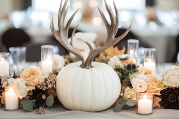 Canvas Print -  A white pumpkin and antler centerpieces with candles on the table for an autumn wedding, and fall floral arrangements. 