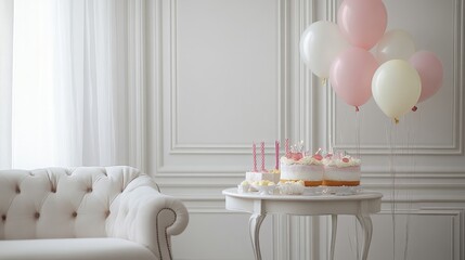 Aufkleber - Elegant white backdrop with a beautifully arranged birthday table, complete with charming furniture and vibrant birthday balloons, evoking a festive mood
