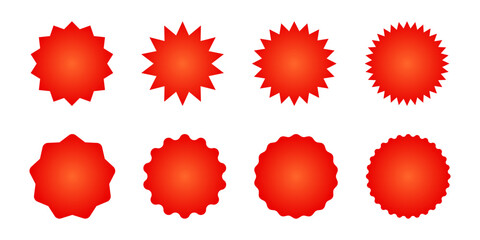 Red starburst price label icon collection. Sunburst discount sticker set. Empty burst price tag vector illustration. Blank promotion seal. Abstract geometric bubble collection. Red circle discount tag