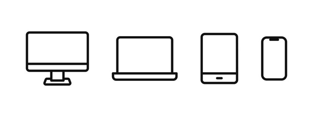 Devices icon set. Computer, laptop, tablet and phone pictogram collection. Responsive display symbol. Electronic devices sign. Monitor screen outline pictogram. Display illustration set.