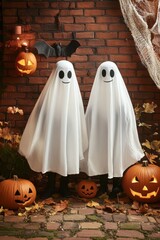 Two ghosts standing in front of an old brick wall, wearing white sheet ghost costumes, with halloween decorations on the ground, creating a happy atmosphere