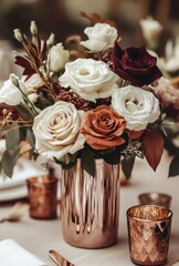 Poster - A warm and inviting fall wedding table setting with rich, autumn colors of terracotta, rust orange, burgundy, brown, and gold. The centerpiece is an elegant arrangement featuring roses