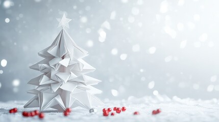 Poster - Elegant white backdrop with a finely crafted origami Christmas tree, capturing the detailed paper folds and holiday charm