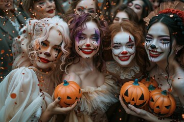 Poster - Group of friends dressed in various Halloween costumes, clown costume with colorful hair, devil costume, pose for photo in festive atmosphere with confetti indoors.