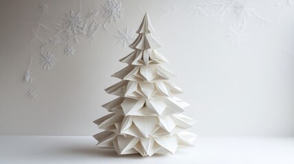 Poster - Elegant white backdrop with a finely crafted origami Christmas tree, capturing the detailed paper folds and holiday charm