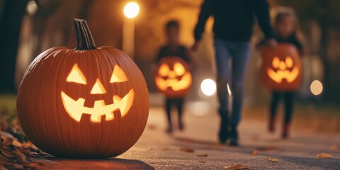 Happy children walking in a park with glowing Halloween pumpkins, creating a festive autumn atmosphere under the moonlight.