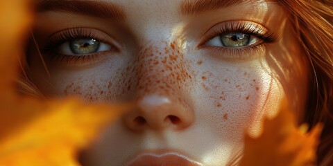 Canvas Print - close-up of a girl with a beautiful face and fantastic makeup in autumn colors, freckles, real girl, bright eyes