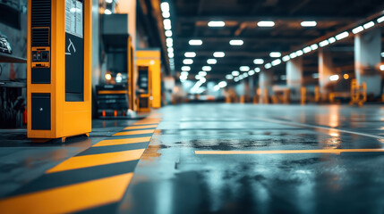 Modern parking garage interior with vibrant yellow and black safety markings on the floor, illuminated by bright overhead lights, featuring digital payment machines.