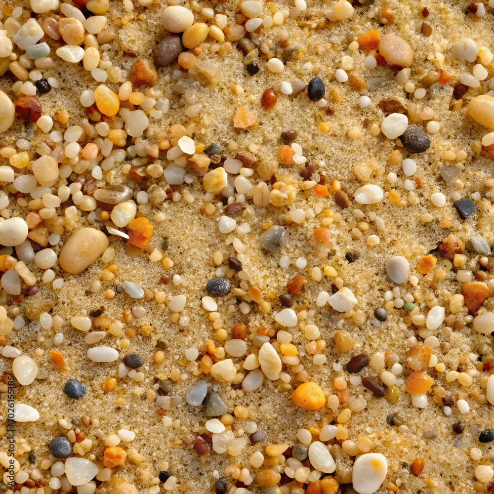 Fine sand grains with small pebbles, creating a natural, rough texture ...