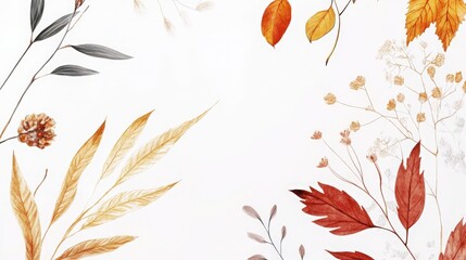 Aufkleber - Elegant white background featuring creative autumn leaf and plant illustrations, celebrating the fall season