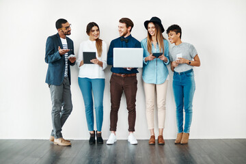 Canvas Print - Business people, technology and queue for job interview, hiring and human resources with digital resume. Candidate, diversity and recruitment for onboarding, communication and waiting room with cv