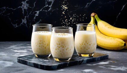 Three creamy banana smoothies on marble slab with dark backdrop, perfect for healthy lifestyle