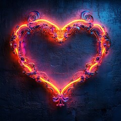 Poster - Neon sign the shape of a glowing heart frame with intricate details set against a textured dark wall background Perfect for a vibrant and modern Happy Valentine's Day design