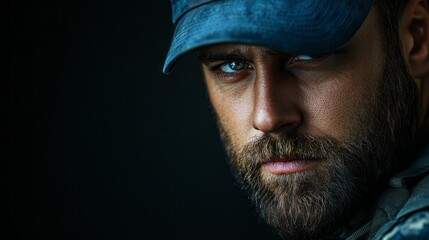 Poster - A man with a blue hat and beard is looking at the camera