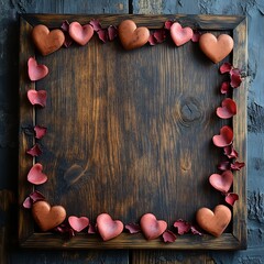 Poster - Rustic wooden frame decorated a border of heartshaped balloons and rose petals Cozy and warm setting perfect for Valentines Day