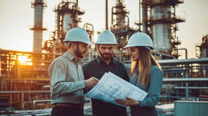 Poster - Group of oil industry engineers in hard hats discussing blueprints in front of massive refinery infrastructure, emphasizing teamwork and precision in the energy sector