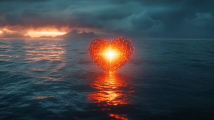 Poster - A heart is floating in the water with a bright light shining on it