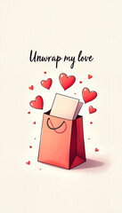 Valentine's Day themed illustration of a gift bag with hearts and the text 