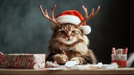 Fluffy cat wearing a Santa hat and reindeer antlers sitting at a table with holiday decorations including candy canes and gift wrapping materials.