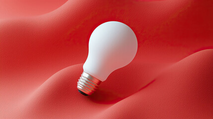 White light bulb on red textured background with copy space