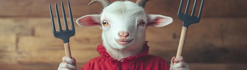 A goat wearing a red sweater holds two pitchforks.