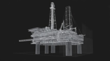 Leinwandbilder - A complex 3D wireframe representation of an offshore oil rig, showing the drilling process with visible external layers and invisible internal engineering components.