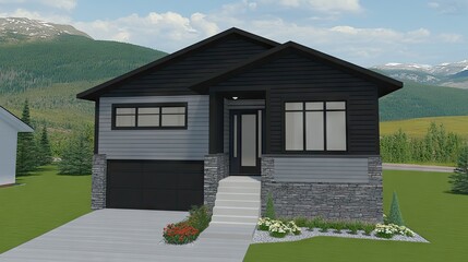 A contemporary house exterior with gray wood siding and stone pillars, featuring a well-lit landscape design that enhances the home