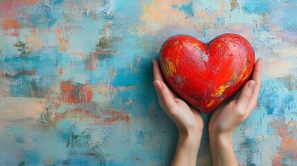 Poster - Closeup of hands gently holding vibrant red heart symbolizing love compassion and empathy The heart radiates warmth conveying a sense of humanity and care on a soft pastel background