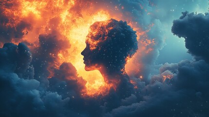 Poster - A woman's face is shown in the sky with clouds and fire
