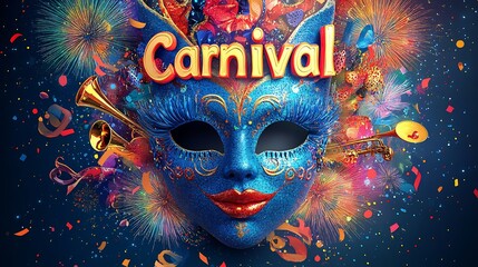 Poster - Vivid Carnival text multicolored fireworks musical instruments masks and confetti swirling in the background capturing the festive and fun atmosphere in a carnival poster