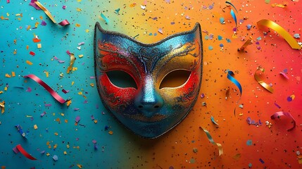Poster - Elegant carnival mask in a spectrum of colors positioned at the top of a minimalist banner with bold festive streamers and confetti in the background leaving ample space for text below