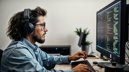 software developer wearing headphones is developing software in his office