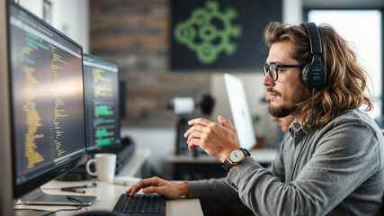 Software developer wearing headphones is developing software in his office
