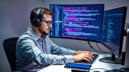 Software developer wearing headphones is developing software in his office