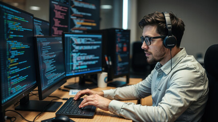 Software developer wearing headphones is developing software in his office