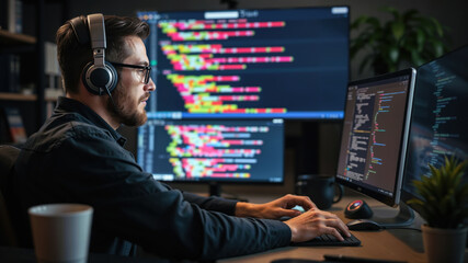 Software developer wearing headphones is developing software in his office