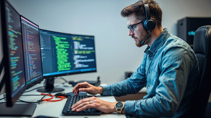 Software developer wearing headphones is developing software in his office