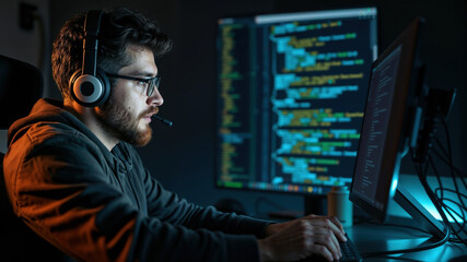 Software developer wearing headphones is developing software in his office