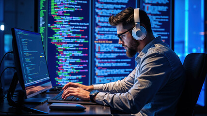 Software developer wearing headphones is developing software in his office